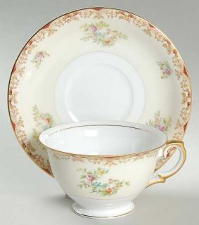 Meito Mei106 Footed Cup & Saucer Set, Fine China Dinnerware   Tan&Rust Scroll Ed