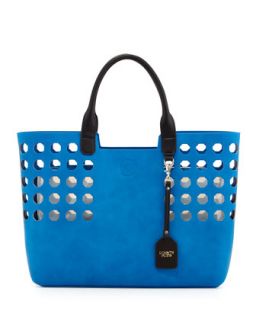 Hexagon Perforated Faux Leather Tote Bag, Cobalt
