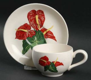 Santa Anita Red Anthurium Flat Cup & Saucer Set, Fine China Dinnerware   Flowers