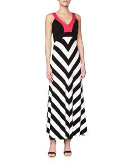 Colorblocked Chevron Striped Maxi Dress, Black/White/Pink