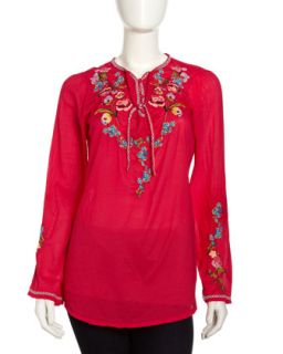 Embroidered Tie Neck Tunic, Berry
