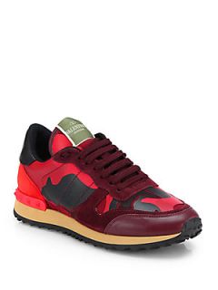 Valentino Camouflage Leather & Suede Sneakers   Red