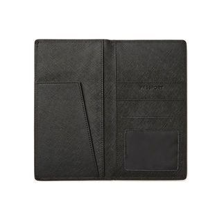 Katie Saffiano Black Leather Passport/ Travel Wallet (BlackStyle Bi foldConstruction Saffiano leatherExterior pockets 0Interior pockets One (1) picture ID, one (1) passport pocket, four (4) interior pocketsDimensions 8 inches high x 4 inches wide x 1