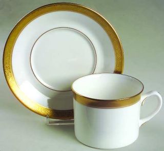 Royal Worcester Davenham Flat Cup & Saucer Set, Fine China Dinnerware   Gold Enc