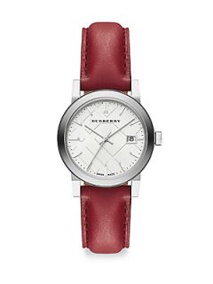 Burberry Stainless Steel Check Dial Red Leather Strap Watch   Silver Red