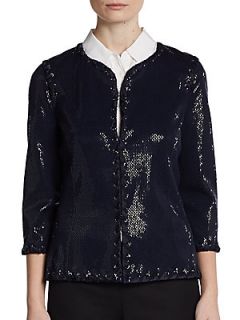 Sequined Lace Up Trim Jacket   Navy