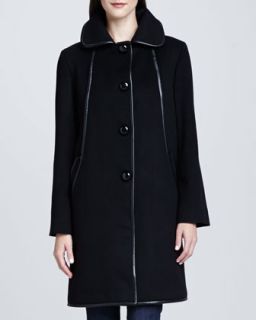Womens Straight Leather Piped Coat, Black   Sofia Cashmere