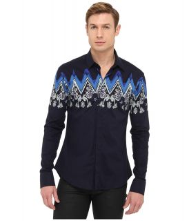Versace Collection Cotton Print Shirt Mens Long Sleeve Button Up (Navy)