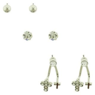 Womens Stone, Ball and Wishbone Cross Stud Earrings Set of 3   Silver/Crystal