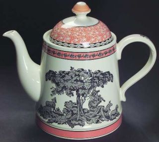 Spode Lombardy Teapot & Lid, Fine China Dinnerware   Rust Rim, Man/Trees/Dogs Sc