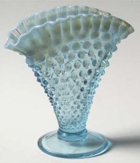Fenton Hobnail Blue Opalescent 6 Inch Footed Crimped Fan Flared Vase   Blue Opal