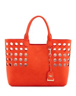 Hexagon Perforated Faux Leather Tote Bag, Orange