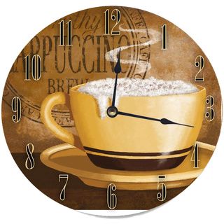 Frothy Cappuccino Round Wood Wall Clock (Brown/yellowMaterials Quartz mechanism, metal, MDF woodQuantity One (1) clockSetting IndoorDimensions 12 inch diameter x 0.4 inch thickRequires one (1) AA battery (not included) )