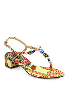 Dolce & Gabbana Jeweled Floral Print Block Heel Sandals  
