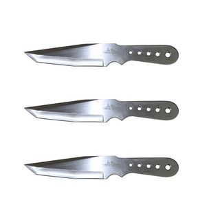 Hibben Tanto Throwing Knives Triple Set (SilverBlade materials AUS 6 stainless steelHandle materials AUS 6 stainless steelBlade length 3.625 inchesHandle length 3.375 inchesWeight 0.75 poundsDimensions 7 inches long x 2.5 inches wide x 1.5 inches hi