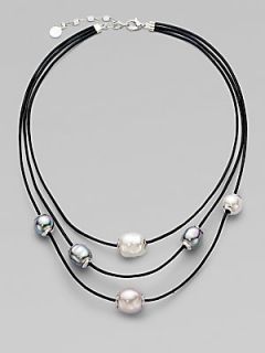 Majorica 12MM Baroque White, Grey & Nuage Pearl Leather Necklace  