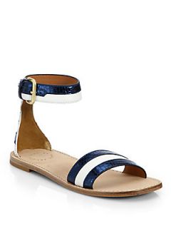 Marc by Marc Jacobs Stripes Leather Ankle Strap Sandals   Ivory Navy