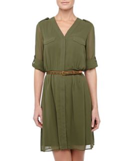 Belted Tab Sleeve Shirtdress, Moss/Goldie