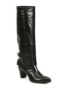Costume National Leather Knee High Fold Over Buckle Boots   Black
