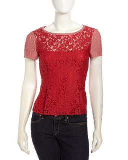 Grand Entry Lace Striped Peplum Top, Poppy/Ivory