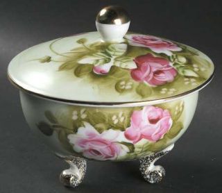 Lefton Heritage Green Candy Box with Lid, Fine China Dinnerware   Pink Roses,Gre