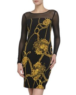 Gold Link Print Long Sleeve Dress, Black & Gold