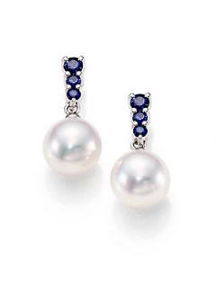 Mikimoto 8MM White Akoya Pearl, Sapphire & 18K White Gold Drop Earrings   Pearl