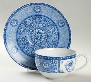 222 Fifth (PTS) Canton Flat Cup & Saucer Set, Fine China Dinnerware   Blue Flora