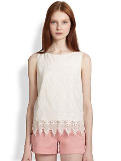Alice + Olivia Anya Silk Lace Trimmed Embroidered Top   Off White