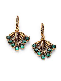 Oscar de la Renta Jeweled Feather Drop Earrings   Emerald