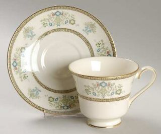 Minton Henley Footed Cup & Saucer Set, Fine China Dinnerware   Green/Blue Flower