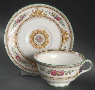 Wedgwood Columbia White (Medallion,Green Trim) Footed Cup & Saucer Set, Fine Chi
