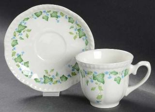 Johnson Brothers Vintage (Newer,Green Ivy,Blue Flowers) Flat Cup & Saucer Set, F
