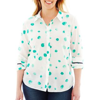 Long Sleeve Silk Blend Shirt   Plus, Ncal Grn Dot