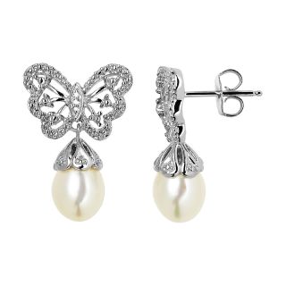 Freshwater Pearl Butterfly Earrings In Sterling Silver, White, Womens