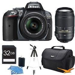 Nikon D5300 DX Format Digital SLR Kit (Grey) w/ 18 55mm DX & 55 300mm VR Lens Bu
