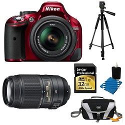 Nikon D5200 DX Format Red 32 GB SLR Camera with 18 55mm and 55 300mm VR Lens Bun