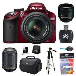 Nikon D3200 DX Format Red Digital SLR Camera 18 55mm, 55 200mm, and 85mm Lens Ki