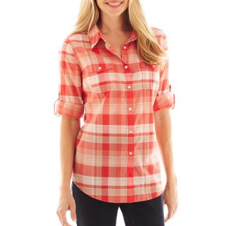 St. Johns Bay Roll Sleeve Campshirt, Coral Plaid