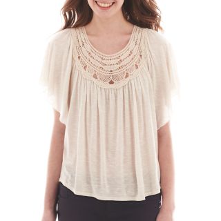 By & By Flutter Sleeve Crocheted Top, Oatmeal