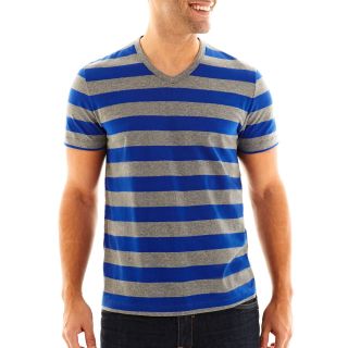 CLAIBORNE Striped V Neck Tee, Dk Charcoal Htr Cb, Mens