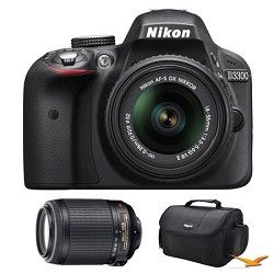 Nikon D3300 DSLR HD Black Camera, 18 55mm Lens, 55 200mm Lens and Case Bundle