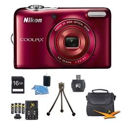 Nikon COOLPIX L30 20.1MP 5x Opt Zoom HD 720p Video Digital Camera Red Kit