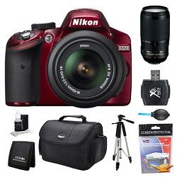 Nikon D3200 DX Format Red Digital SLR Camera 18 55mm and 70 300mm AF S VR Lens K