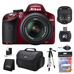 Nikon D3200 DX Format Red Digital SLR Camera 18 55mm and 40mm Lens Kit