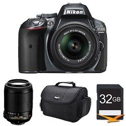 Nikon D5300 DX Format Digital SLR Kit (Grey) w/ 18 55mm DX & 55 200mm VR Lens Bu