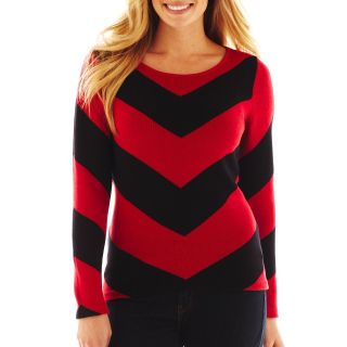 LIZ CLAIBORNE Long Sleeve Chevron Intarsia Sweater, Cherry Cordial Mu, Womens