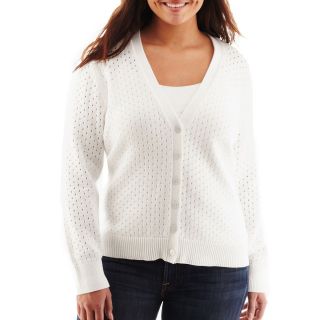 LIZ CLAIBORNE 3/4 Sleeve Pointelle Knit Cardigan Sweater   Plus, White, Womens