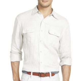 Izod Long Sleeve Solid Linen Cotton Woven Shirt, White, Mens