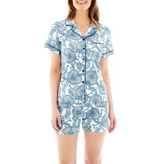 LIZ CLAIBORNE Short Sleeve Shirt and Shorts Cotton Pajama Set, Blue/White,
